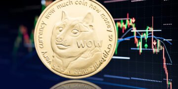 Dogecoin coin and stock chart at background with price falling