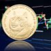 Dogecoin coin and stock chart at background with price falling