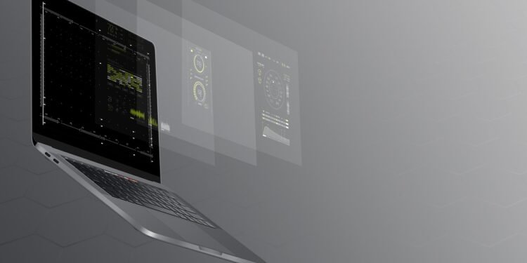 A laptop computer screen is echoed in ghostly images projecting from the front of the computer.