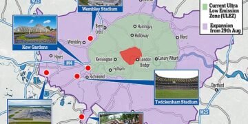 ULEZ net: The newly expanded ULEZ net encompasses Heathrow Airport and Kew Gardens