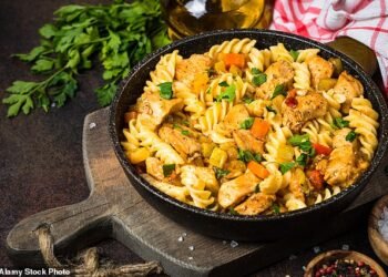 Turn Sunday’s roast chicken into a tasty pasta salad by shredding any leftovers — this would also work with beef, pork or gammon — and stirring them into cooked pasta