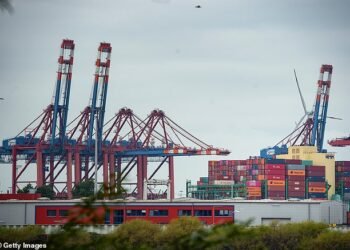 Slump: Shipping containers awaiting transit at Hamburg Port, Germany. Germany's federal statistics office said exports fell 0.9% in July as global demand continued to falter