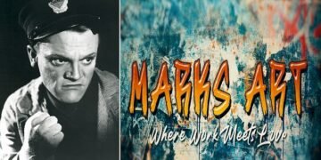 Mask slips: The Marks Art caller went all Jimmy Cagney, above left