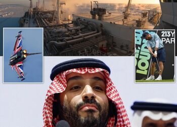 New age: The Eurofighter (left) was a traditional Saudi priority; now Mohammed bin Salman is keen on LNG development (top) and the LIV golf tour