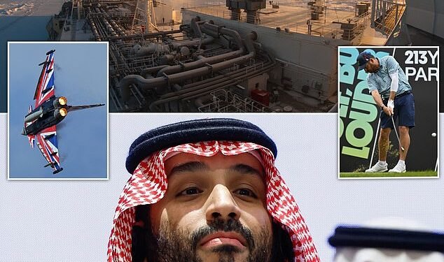 New age: The Eurofighter (left) was a traditional Saudi priority; now Mohammed bin Salman is keen on LNG development (top) and the LIV golf tour