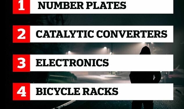 Number plates, catalytic converters, a vehicle's electronic components, bike racks and roof boxes are the five most common things stolen from cars