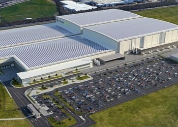Gigawatts needed: The UK has to increase battery production on home turf to make sure we can keep up with the EV revolution, a new report says. Pictured: The EnvisionAESC gigafactory currently under construction to supply batteries to Nissan's Sunderland car plant