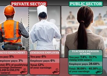 In private sector defined contribution schemes money is paid in by employers and workers and invested to build a pot; in public sector defined contribution schemes contributions are higher but the employer guarantees an income in retirement, in the Teachers Scheme it is 1/57th of career average earnings for every year built up.
