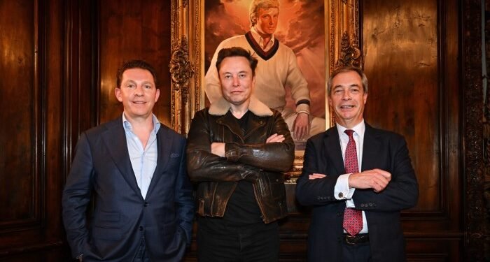Nick Candy, Elon Musk and Nigel Farage in front of a portrait of US president-elect Donald Trump