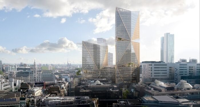 The image shows an artist's rendering of British Land's new building at 2 Finsbury Avenue.