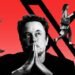Elon Musk is depicted in the foreground with a contemplative expression, his hands held together near his mouth. Behind him, a large black X logo is set against a red background. Three people are walking while using their phones, each silhouetted against the logo.