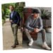 side by side of a business casual blazer outfit and a hoodie outfit