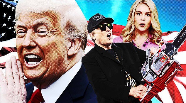 Team Trump: The President with chainsaw-waving Elon Musk and White House press secretary Karoline Leavitt