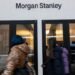 People walk past the entrance of Morgan Stanley's global headquarters in Manhattan, New York City