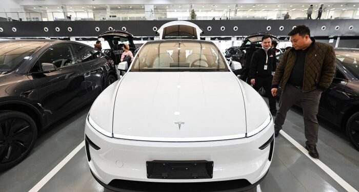 People are examining Tesla Model Y cars at the Tesla delivery centre in Beijing