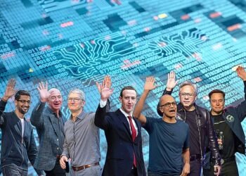Is it time to wave goodbye to the US tech titans? Pictured (from left): Alphbet's boss Sundar Pichai, Amazon's Jeff Bezos, Apple's Tim Cook, Meta's Mark Zuckerberg, Microsoft's Satya Nadella, Nvidia's Jensen Huang and Tesla's Elon Musk