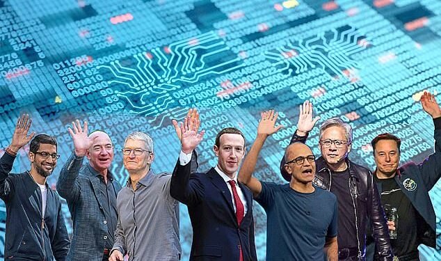 Is it time to wave goodbye to the US tech titans? Pictured (from left): Alphbet's boss Sundar Pichai, Amazon's Jeff Bezos, Apple's Tim Cook, Meta's Mark Zuckerberg, Microsoft's Satya Nadella, Nvidia's Jensen Huang and Tesla's Elon Musk