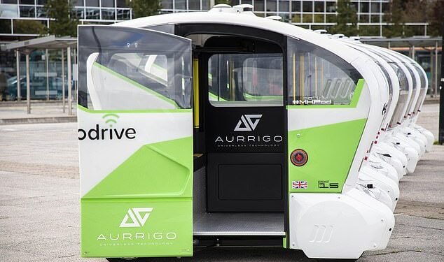 Aconvoy of Aurrigo autonomous pods in Milton Keynes