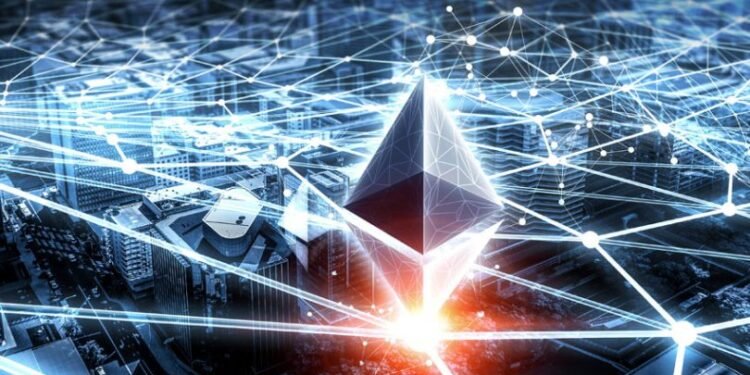 Picture of an Ethereum logo above a city, sitting on top a web of interconnected lines