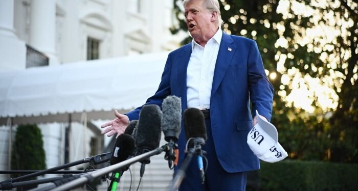 US President Donald Trump speaks to the press before boarding Marine One from the South Lawn of the White House in Washington on June 24 2025