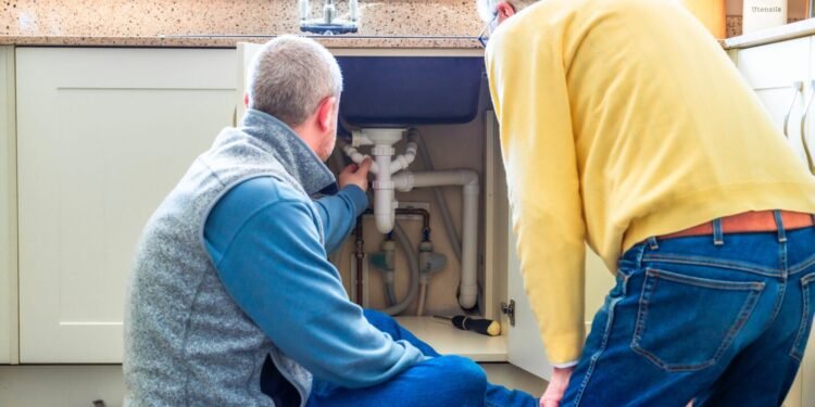 Two people looking at pipes under a sink.