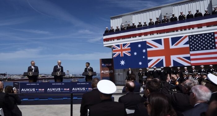From left: Australian prime minister Anthony Albanese, then US president Joe Biden and former UK PM Rishi Sunak discuss the Aukus pact in San Diego in 2023