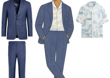 floral shirt and blue suit with loafers for summer wedding