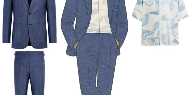 floral shirt and blue suit with loafers for summer wedding