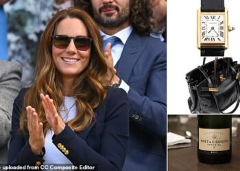 Deluxe: The Princess of Wales sports Ray-Bans, a Cartier watch, a Birkin bag and a bottle of Moet