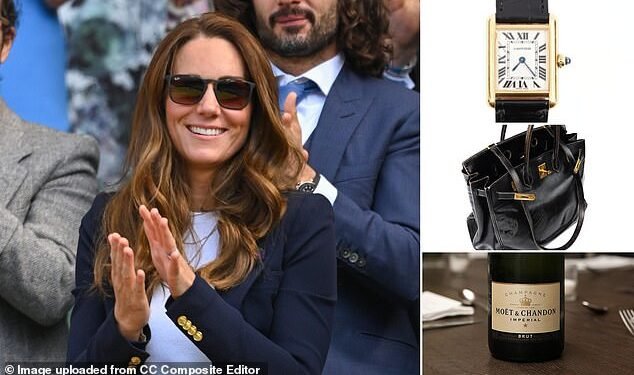 Deluxe: The Princess of Wales sports Ray-Bans, a Cartier watch, a Birkin bag and a bottle of Moet
