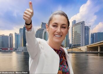 Growth: Mexican president Claudia Sheinbaum and, behind, Dubai’s mighty skyscrapers