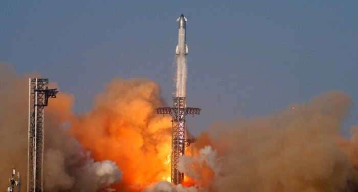 SpaceX’s next-generation Starship spacecraft atop its Super Heavy booster is launched on its ninth test at the company’s launch pad in Starbase, Texas