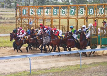Racehorses and jockeys jumping from the barriers starting gates for a race at Ferguson Park racecourse in Gladstone, Queensland, Australia