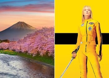 Influence: Uma Thurman wears Onitsuka Tiger Mexico 66 shoes in Kill Bill and Mount Fuji (left)