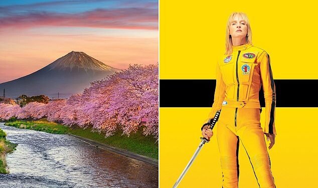 Influence: Uma Thurman wears Onitsuka Tiger Mexico 66 shoes in Kill Bill and Mount Fuji (left)