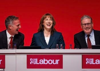 No laughing matter: Chancellor Rachel Reeves shares joke at the Labour Party conference in Liverpool with Business Secretary Peter Kyle (left) and Keir Starmer