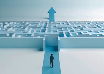 Man Walking Toward Maze with Up Arrow Exit  Challenges, Strategy, and Success, 3D Render