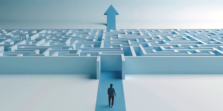 Man Walking Toward Maze with Up Arrow Exit Challenges, Strategy, and Success, 3D Render