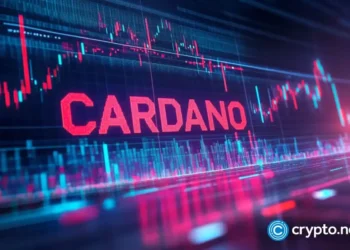 Cardano price chart showing ADA consolidating below key $0.45 resistance in a leveraged, volatile range.