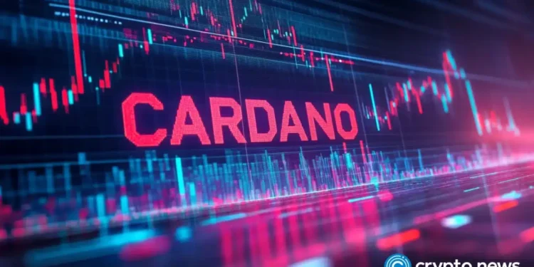 Cardano price chart showing ADA consolidating below key $0.45 resistance in a leveraged, volatile range.