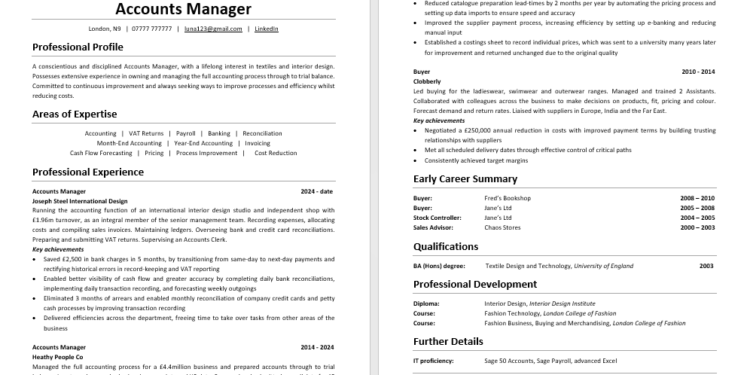 Example of a good CV for a UK professional.