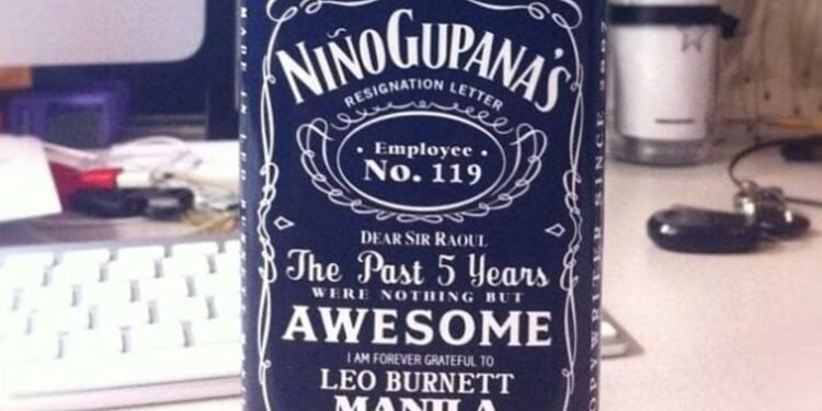 A resignation letter on the label of a Jack Daniels bottle