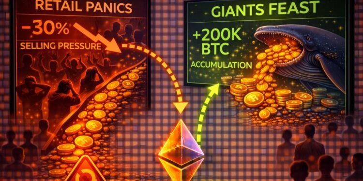 Retail Panics, Giants Feast: Whales Accumulate 200K Bitcoin Despite Selling Pressure