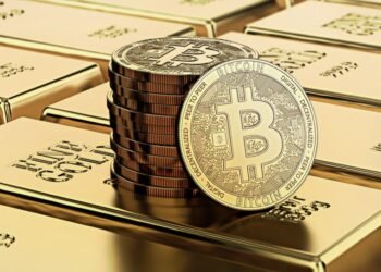 Picture of bitcoins sitting on top of a stack of gold bricks