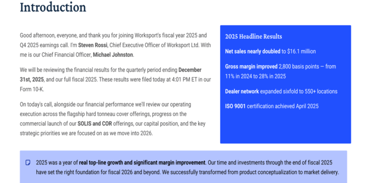 Worksport FY 2025 slides: revenue doubles, margins surge to 28%