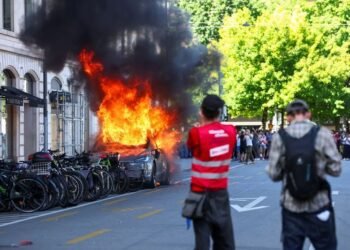 Protesters smash windows and set Tesla ablaze in anti-G7 march in Geneva