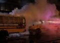 World Cup bus set alight as chaotic celebrations erupt in Manhattan after Knicks win