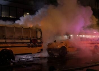 World Cup bus set alight as chaotic celebrations erupt in Manhattan after Knicks win