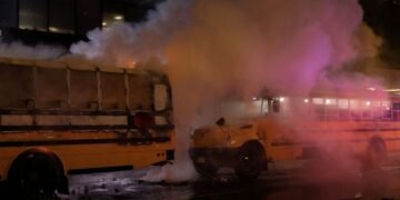 World Cup bus set alight as chaotic celebrations erupt in Manhattan after Knicks win